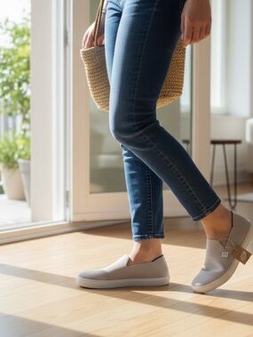 Rothy’s The Original Slip-On Sneaker | 8.5 | Sand w/signature blue stripes